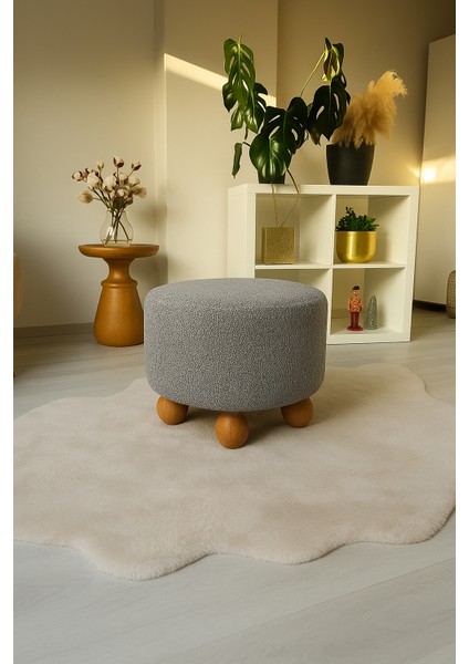 Pufo dekoratif - gri renkli - gürgen ayaklı - yuvarlak puf - çok amaçlı kullanım - modern bench