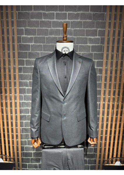 Slim Fit Viscon Çizgili Takım Elbise