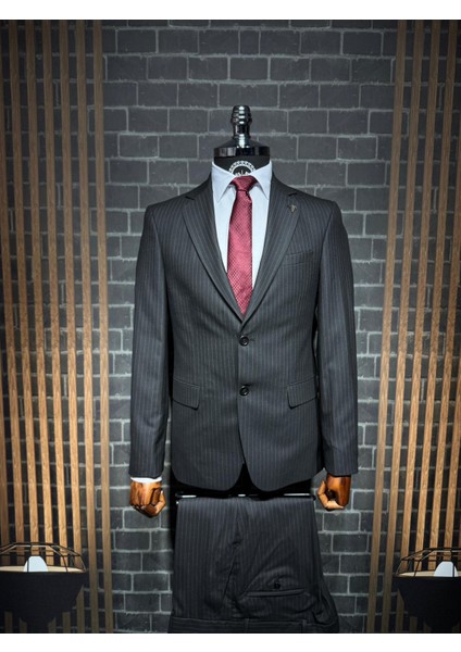 Slim Fit Viscon Çizgili Takım Elbise