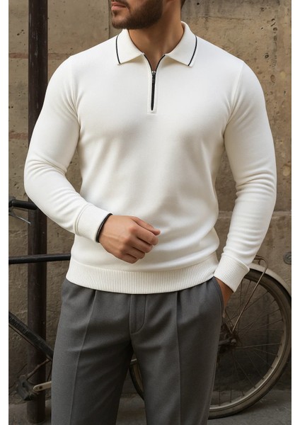 Erkek Günlük Çizgili Trend Beyaz Polo Yaka Kazak