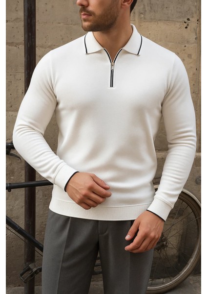 Erkek Günlük Çizgili Trend Beyaz Polo Yaka Kazak fiyatları