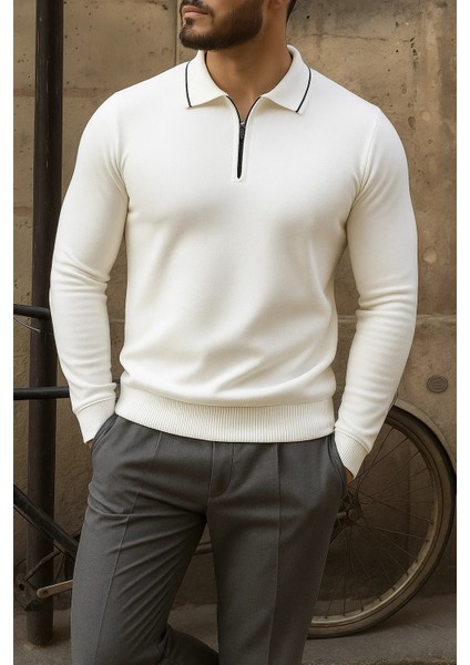 Erkek Günlük Çizgili Trend Beyaz Polo Yaka Kazak modelleri