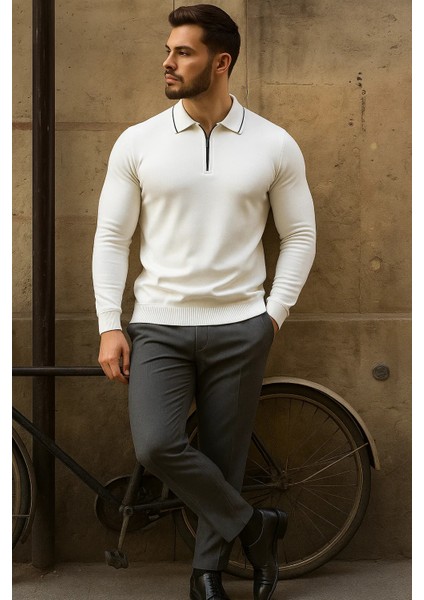 Erkek Günlük Çizgili Trend Beyaz Polo Yaka Kazak fırsatları