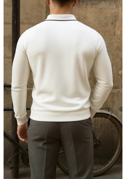 Erkek Günlük Çizgili Trend Beyaz Polo Yaka Kazak indirimleri