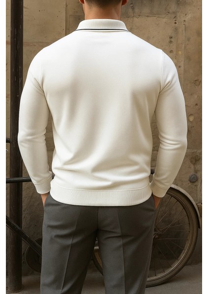 Erkek Günlük Çizgili Trend Beyaz Polo Yaka Kazak