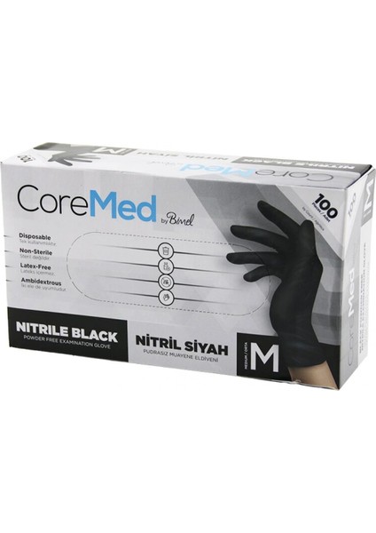 M BEDEN SİYAH PUDRASIZ NİTRİL MUAYENE ELDİVENİ 100LÜ (4887)