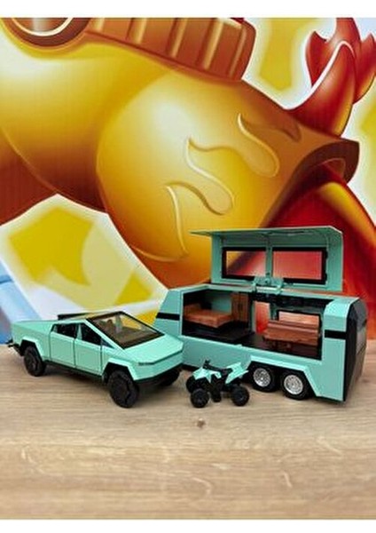 Diecast Metal Tesla Cybertruck Pickup ve Karavan Sesli Işıklı Açılan Kapılar Tesla Diecast Araba