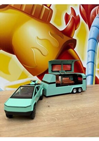 Diecast Metal Tesla Cybertruck Pickup ve Karavan Sesli Işıklı Açılan Kapılar Tesla Diecast Araba fiyatları