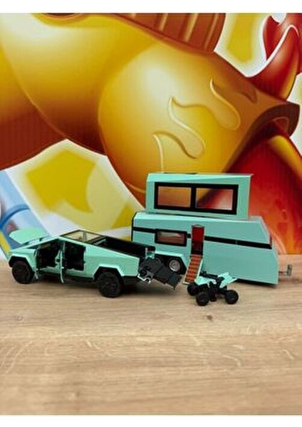 Diecast Metal Tesla Cybertruck Pickup ve Karavan Sesli Işıklı Açılan Kapılar Tesla Diecast Araba modelleri