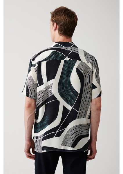 Erkek Bej Viskon Küba Yaka Soyut Desenli Kısa Kollu Gömlek A31Y2198