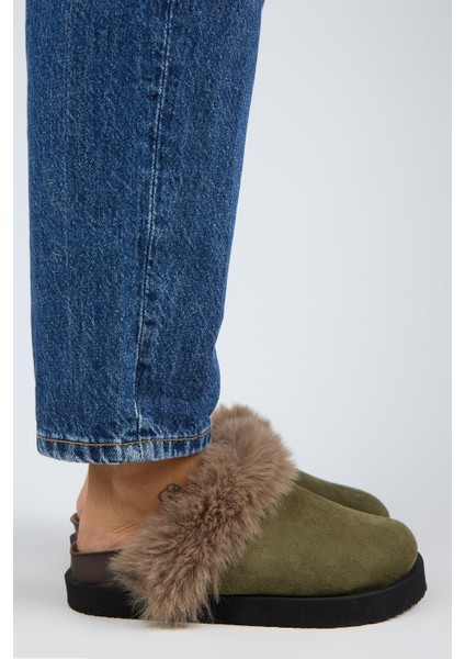 Ruzqahi Kürklü Kadın Deri Hakiki Deri Düz Platform Sabo Haki Terlik