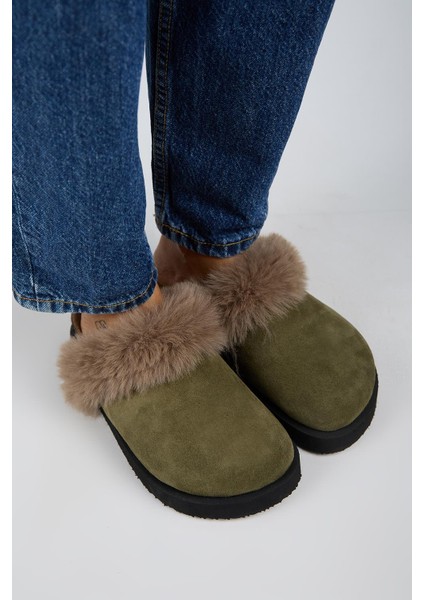 Ruzqahi Kürklü Kadın Deri Hakiki Deri Düz Platform Sabo Haki Terlik fiyatları