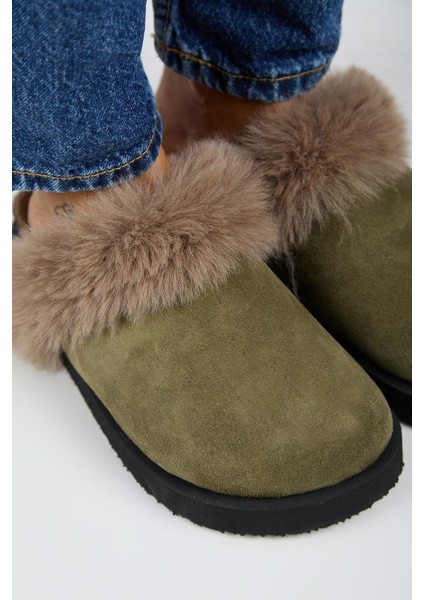 Ruzqahi Kürklü Kadın Deri Hakiki Deri Düz Platform Sabo Haki Terlik modelleri