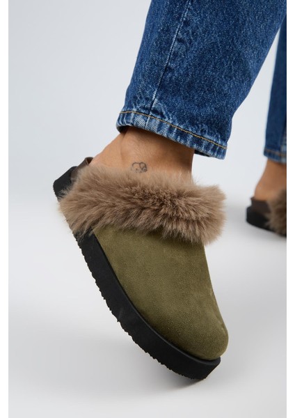 Ruzqahi Kürklü Kadın Deri Hakiki Deri Düz Platform Sabo Haki Terlik fırsatları