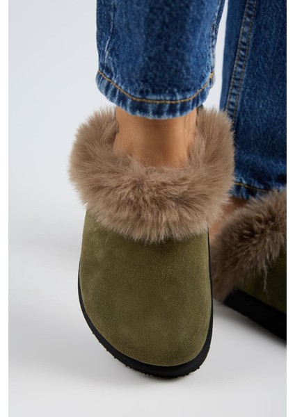 Ruzqahi Kürklü Kadın Deri Hakiki Deri Düz Platform Sabo Haki Terlik indirimleri