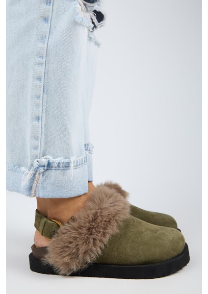 Antonella Kürklü Kadın Hakiki Deri Arkadan Kemerli Platform Sabo Haki Sandalet