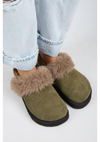 Antonella Kürklü Kadın Hakiki Deri Arkadan Kemerli Platform Sabo Haki Sandalet fiyatları