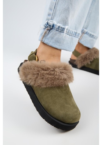 Antonella Kürklü Kadın Hakiki Deri Arkadan Kemerli Platform Sabo Haki Sandalet modelleri