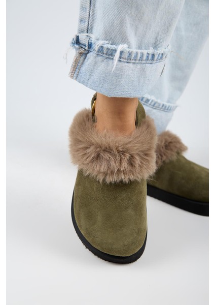 Antonella Kürklü Kadın Hakiki Deri Arkadan Kemerli Platform Sabo Haki Sandalet fırsatları