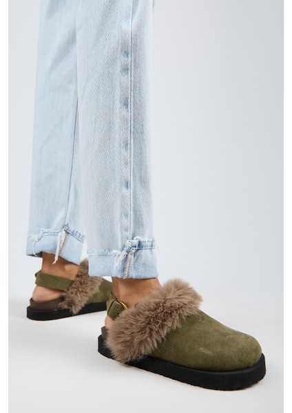 Antonella Kürklü Kadın Hakiki Deri Arkadan Kemerli Platform Sabo Haki Sandalet indirimleri