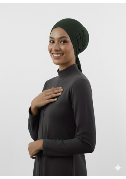 Plise Bağlama Haki Hazır Türban Tesettür Bone