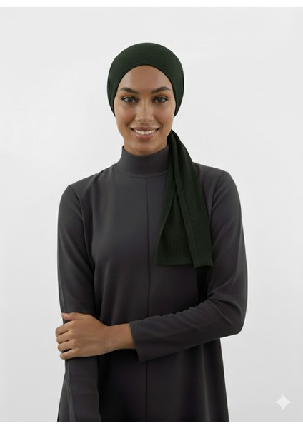 Plise Bağlama Haki Hazır Türban Tesettür Bone