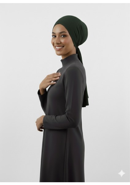 Plise Bağlama Haki Hazır Türban Tesettür Bone