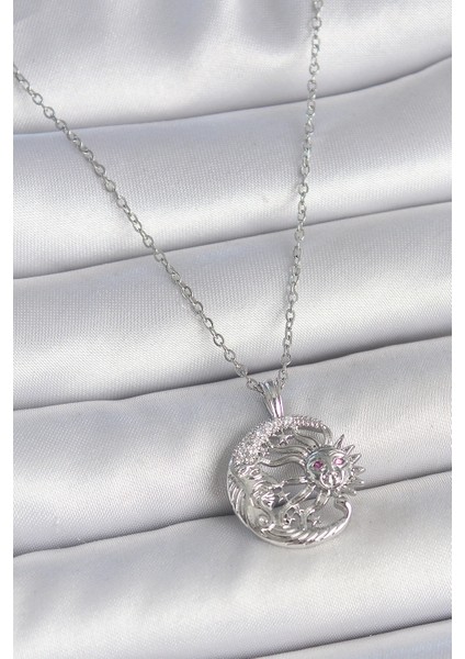 316L Çelik Gümüş Renk Zincir Ay Güneş Model Zirkon Taş Detay Kadın Kolye - TJ-BKO10056