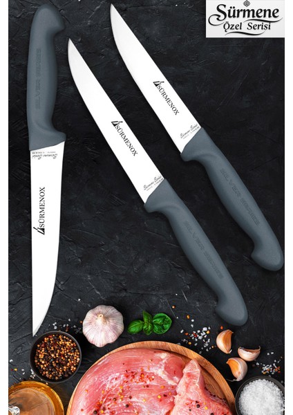 Sürmene Gri Serisi Mutfak Bıçak Seti Et Ekmek Sebze Meyve Bıçağı 3 Lü Set Günlük Kullanım HDS-108