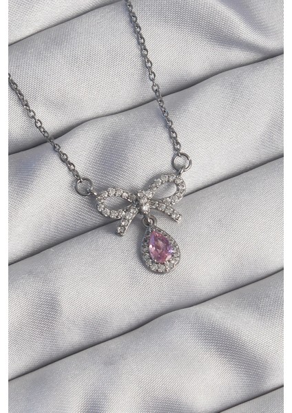 316L Çelik Gümüş Renk Fiyonk Detay Pembe Zirkon Taşlı Damla Kolye - TJ-BKO8921