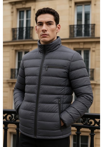 Erkek Trend Basic Dik Yaka Kışlık Füme Şişme Mont