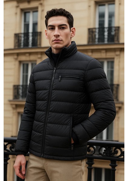 Erkek Trend Basic Dik Yaka Kışlık Siyah Şişme Mont