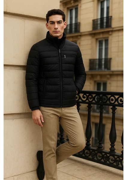 Erkek Trend Basic Dik Yaka Kışlık Siyah Şişme Mont modelleri