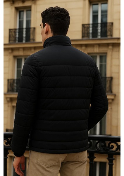 Erkek Trend Basic Dik Yaka Kışlık Siyah Şişme Mont