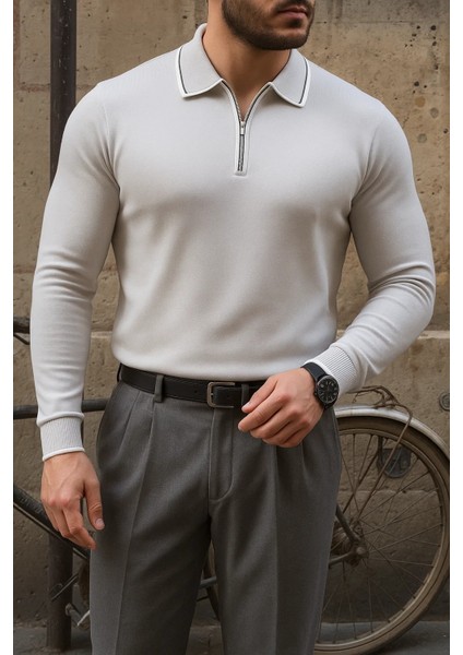 Erkek Günlük Çizgili Trend Gri Polo Yaka Kazak