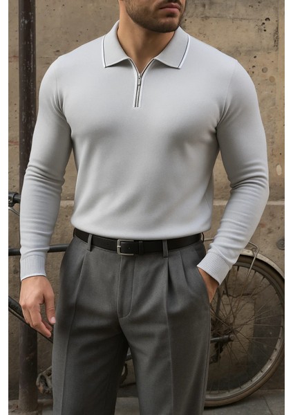 Erkek Günlük Çizgili Trend Gri Polo Yaka Kazak fiyatları
