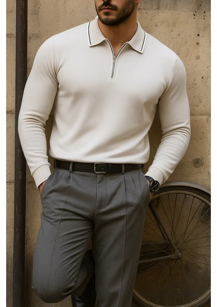Erkek Günlük Çizgili Trend Gri Polo Yaka Kazak modelleri