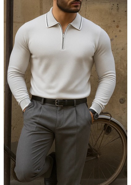Erkek Günlük Çizgili Trend Gri Polo Yaka Kazak fırsatları