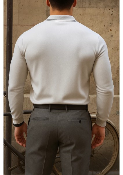 Erkek Günlük Çizgili Trend Gri Polo Yaka Kazak