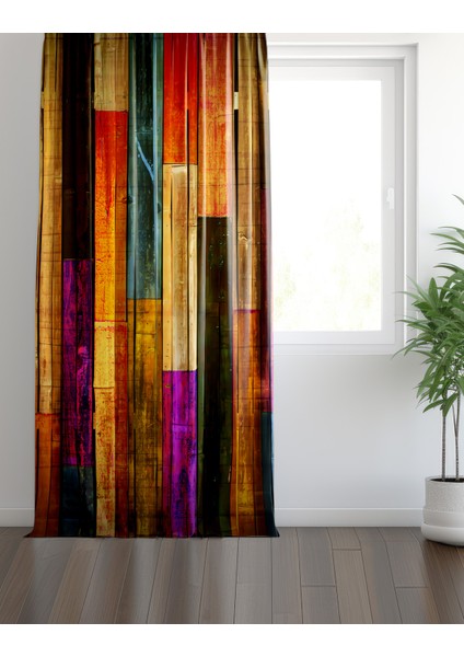 Turuncu Mor Bohem Rustik Desenli Fon Perde