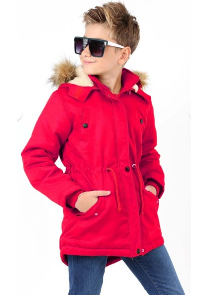 Erkek Çocuk Su Geçirmez Çıkarılabilir Kapüşonlu Pelüş Kürk Astarlı Uzun Mont Kaban fiyatları