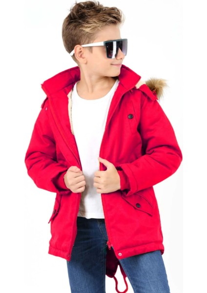 Erkek Çocuk Su Geçirmez Çıkarılabilir Kapüşonlu Pelüş Kürk Astarlı Uzun Mont Kaban fırsatları