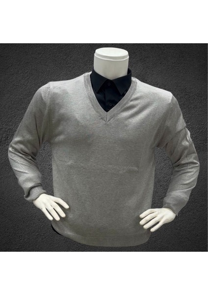 Erkek Regular Fit Düz V Yaka Yünlü Triko Kazak