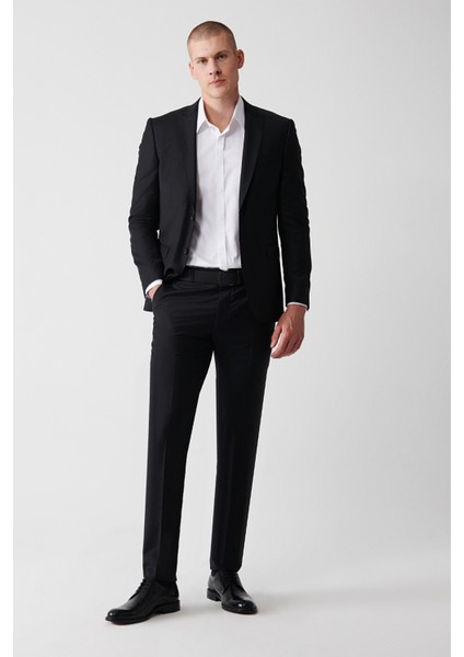 Erkek Siyah Kırlangıç Yaka Çift Yırtmaçlı Yün Karışımlı Comfort Slim Fit Takım Elbise B007701
