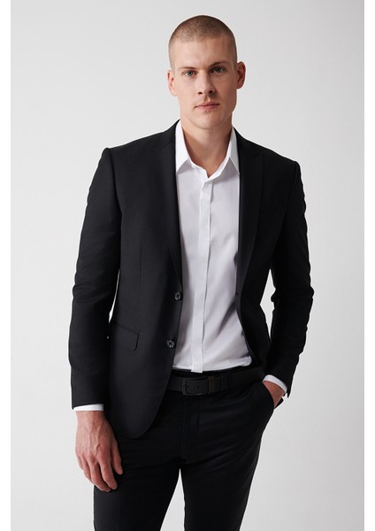 Erkek Siyah Kırlangıç Yaka Çift Yırtmaçlı Yün Karışımlı Comfort Slim Fit Takım Elbise B007701