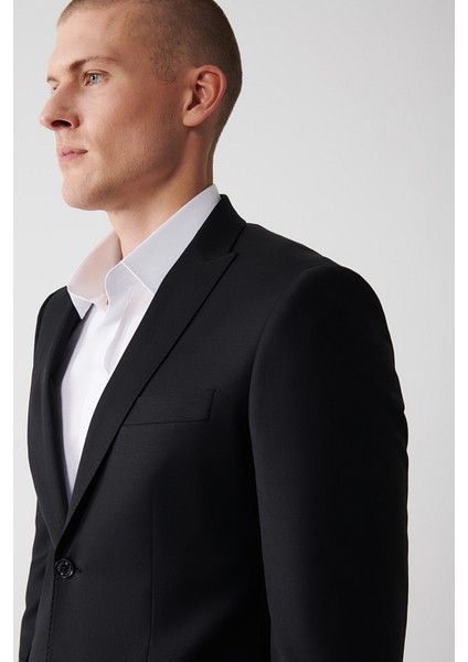 Erkek Siyah Kırlangıç Yaka Çift Yırtmaçlı Yün Karışımlı Comfort Slim Fit Takım Elbise B007701