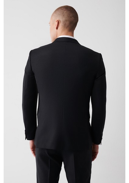 Erkek Siyah Kırlangıç Yaka Çift Yırtmaçlı Yün Karışımlı Comfort Slim Fit Takım Elbise B007701