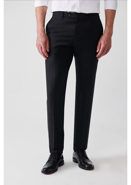 Erkek Siyah Kırlangıç Yaka Çift Yırtmaçlı Yün Karışımlı Comfort Slim Fit Takım Elbise B007701