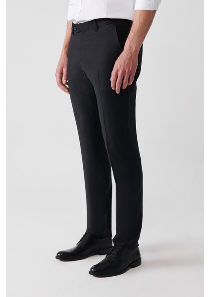 Erkek Siyah Kırlangıç Yaka Çift Yırtmaçlı Yün Karışımlı Comfort Slim Fit Takım Elbise B007701