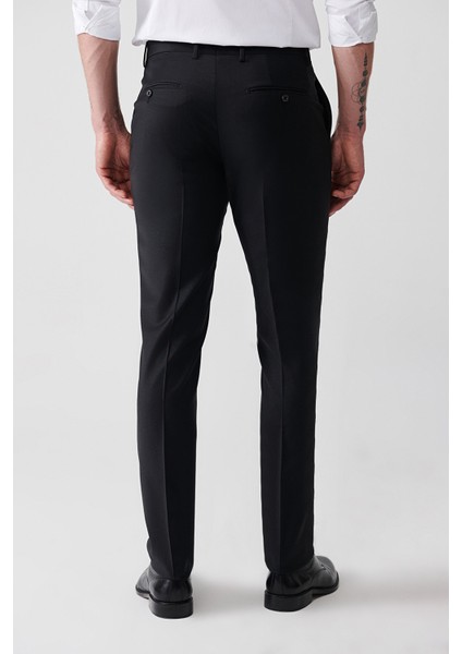 Erkek Siyah Kırlangıç Yaka Çift Yırtmaçlı Yün Karışımlı Comfort Slim Fit Takım Elbise B007701